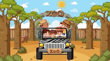 Zoo at day time scene with many kids in a jeep car vector