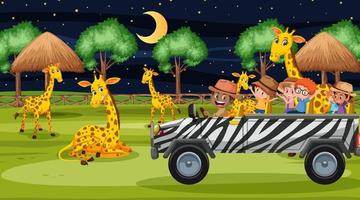 Safari at night time scene with children watching giraffe group vector