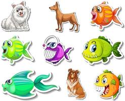 Set of stickers with sea animals and dogs cartoon character vector