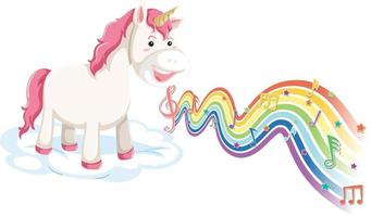 Unicorn standing on the cloud with melody symbols on rainbow wave vector