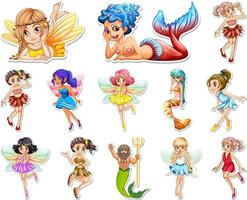 Set of stickers with beautiful fairies and mermaid cartoon character vector