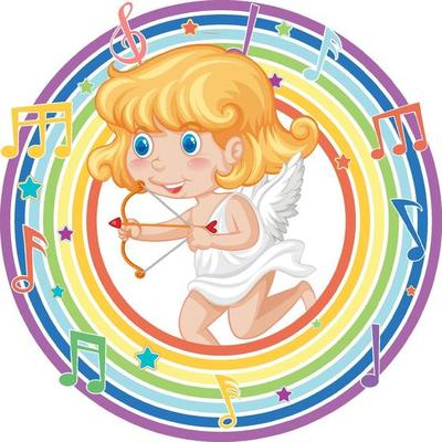 Cupid girl in rainbow round frame with melody symbol