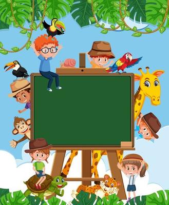 Empty blackboard with kids and zoo animals