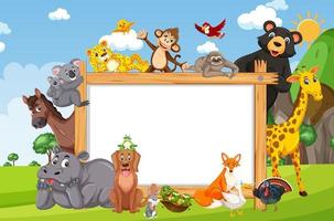 Empty wooden frame with various wild animals in the forest vector