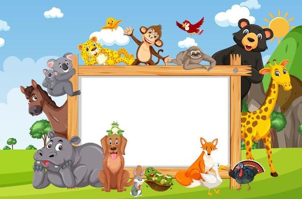 Empty wooden frame with various wild animals in the forest