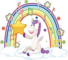 Unicorn sitting on cloud with rainbow and melody symbol vector