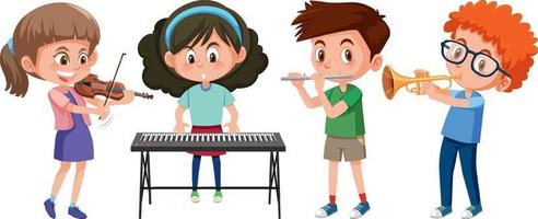 Set of different kids playing musical instruments