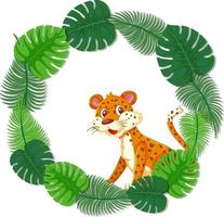 Plantilla de banner de hojas verdes redondas con un personaje de dibujos animados de leopardo vector