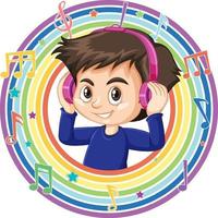 Boy wear headphone in rainbow round frame with melody symbols vector