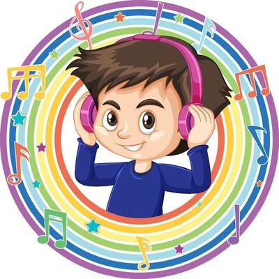 Boy wear headphone in rainbow round frame with melody symbols