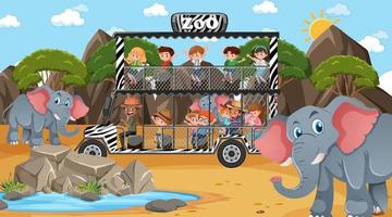 Safari at day time scene with many kids watching elephant group vector