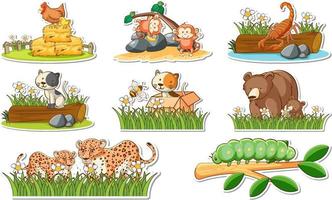 Sticker set with different wild animals and nature elements vector