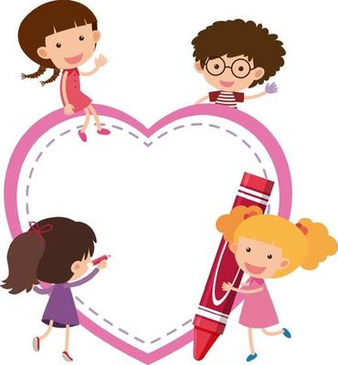 Empty banner heart shape with many kids cartoon style isolated