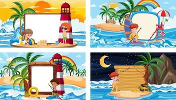 Set of different tropical beach scenes with blank banner vector