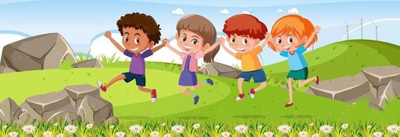 Outdoor horizontal scene with many kids cartoon character vector