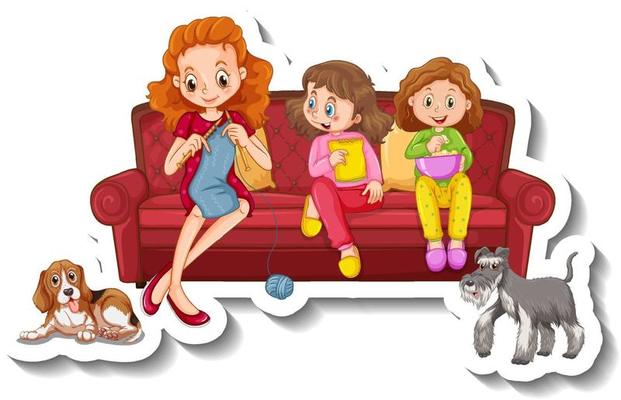 A sticker template with small family members sitting on sofa