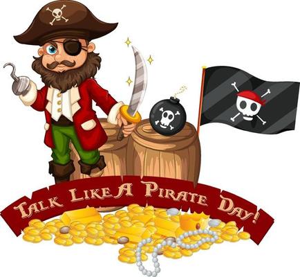 Talk Like A Pirate Day font banner with Pirate cartoon character