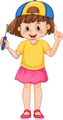 A girl holding screwdriver on white background