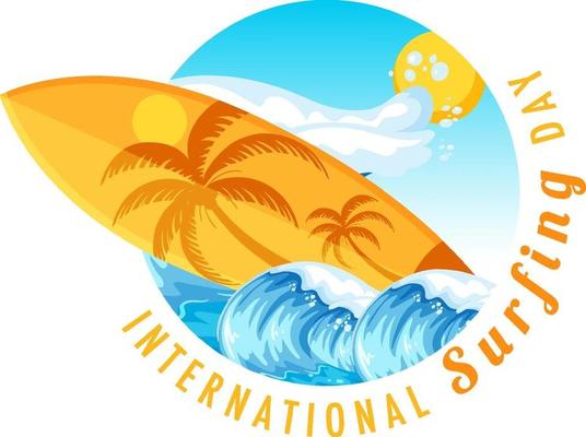 International Surfing Day banner with a surfboard in water wave