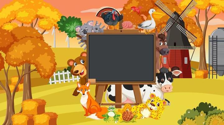 Empty blackboard with various animals in the farm