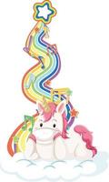 Unicornio tendido en la nube con arco iris sobre fondo blanco. vector