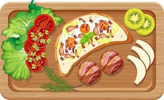 Top view of breakfast set in a cutting board isolated vector