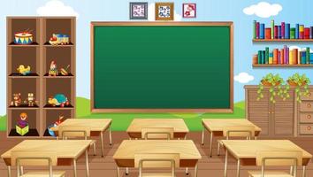 Empty classroom scene with interior decoration and objects vector