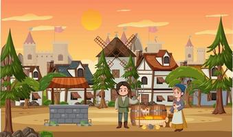 Medieval town at sunset time scene with villagers vector