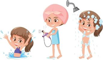 Set of a girl cartoon character doing different activities vector