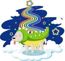 lindo perro de pie en la nube con arco iris vector