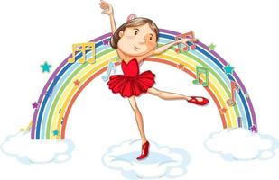 Ballerina dancing on the cloud with melody symbols on rainbow vector