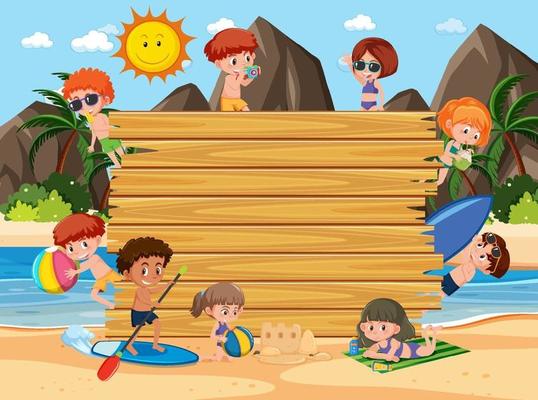 Empty wooden board with children at tropical beach scene