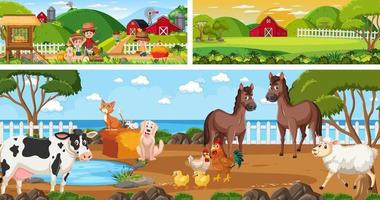 Set of outdoor panoramic landscape with cartoon character vector