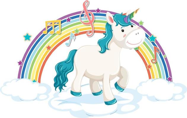 Unicorn standing on cloud with rainbow and melody symbol