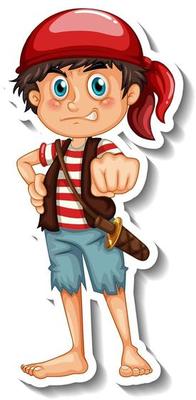 Sticker template with a pirate boy cartoon character isolated