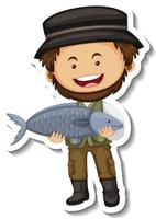 Plantilla de etiqueta con un personaje de dibujos animados de hombre vendedor de pescado aislado vector