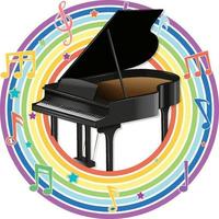 Piano in rainbow round frame with melody symbols vector