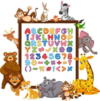 Alphabet A-Z and math symbols on a board with wild animals