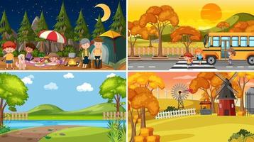 Set of different nature scenes background with many people vector