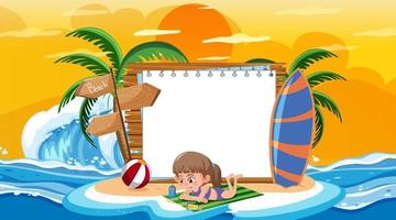 Plantilla de banner vacío con niños de vacaciones en la escena del atardecer en la playa vector