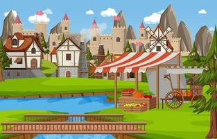 Medieval town scene with castle background vector