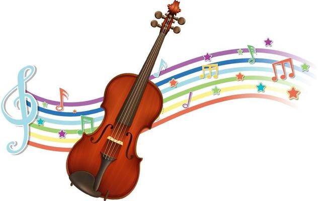 Violin with melody symbols on rainbow wave