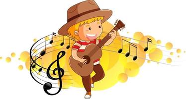 Cartoon character of a boy playing guitar on melody symbols background