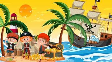 escena de la isla del tesoro al atardecer con niños piratas vector