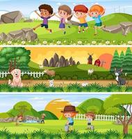 Different panoramic nature landscape set with cartoon character vector