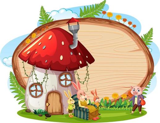 Blank wooden board in the garden with mushroom house isolated