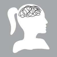 Woman head with tangled messy line inside as brain vector