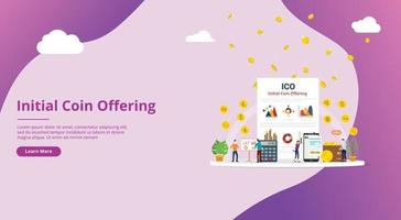 ico concepto de oferta de moneda inicial con banner de plantilla de sitio web de personas vector