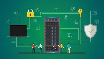 concepto de seguridad de datos con servidor de personas y base de datos de iconos segura vector