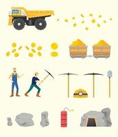 gold mining set collection objects with people and other tools vector